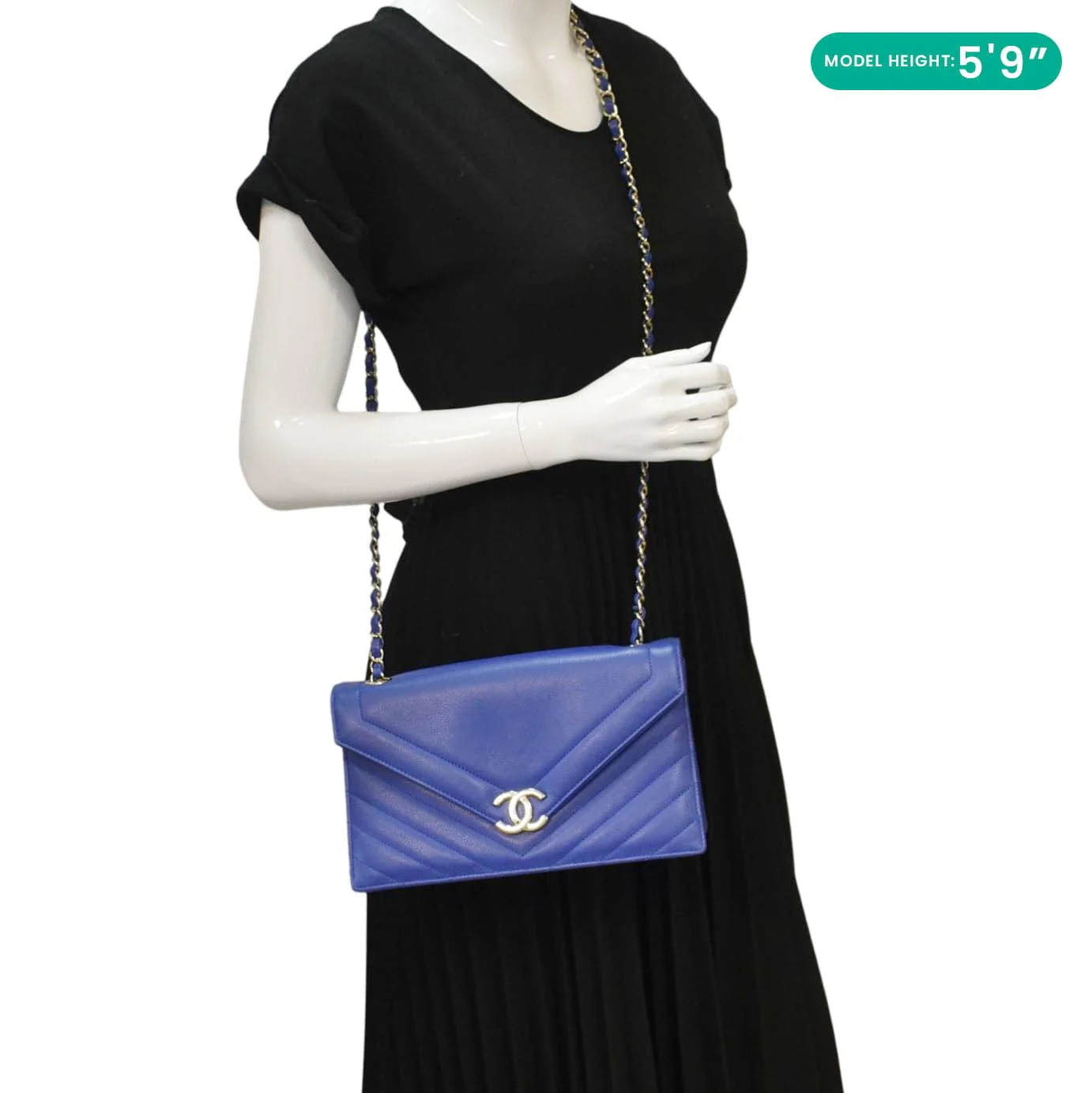 CHANEL Coco Envelope Flap Quilted Chevron Leather Crossbody Bag Blue - Image 2