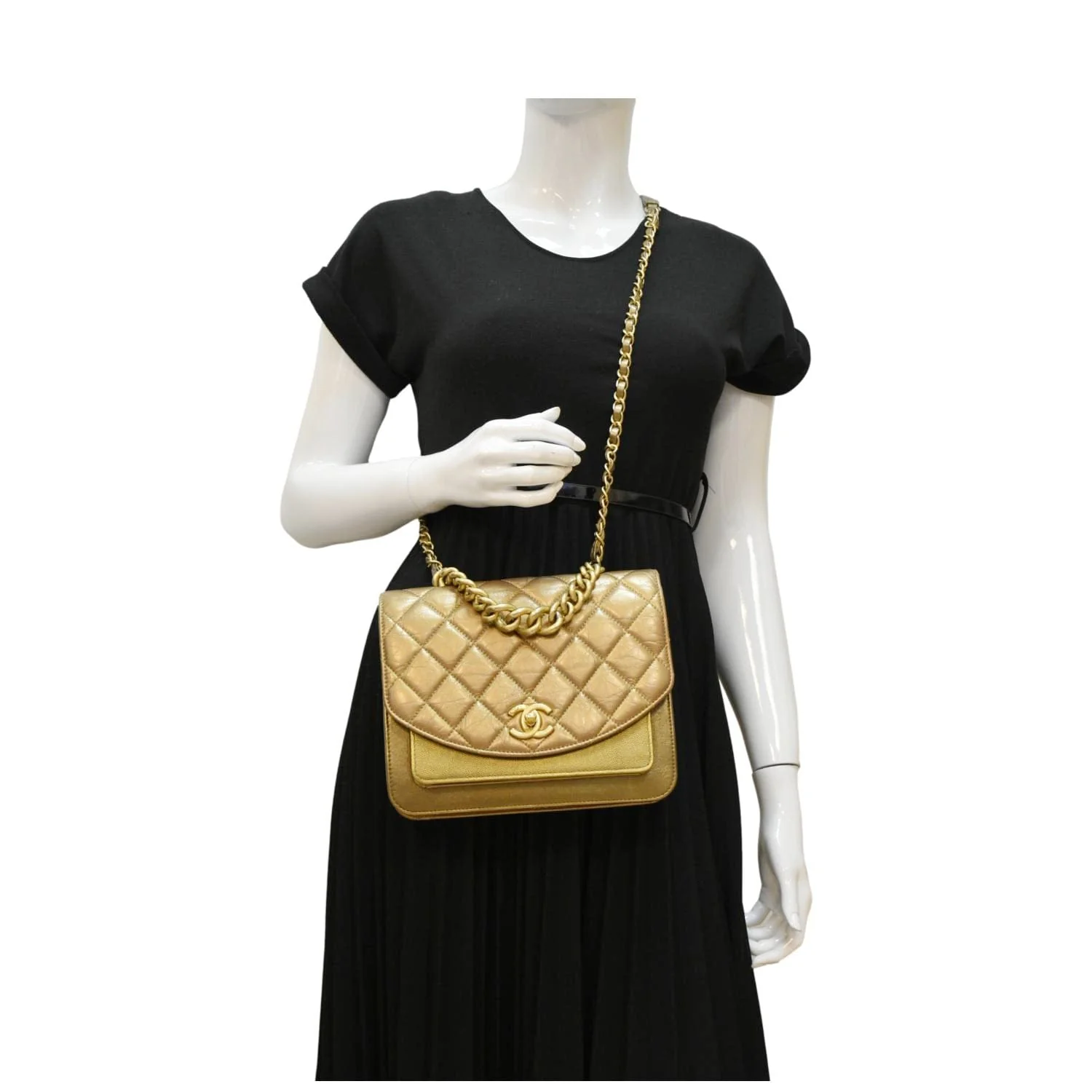 CHANEL Chain Handle Flap Quilted Metallic Calfskin Caviar Crossbody Bag Chrome - Image 2