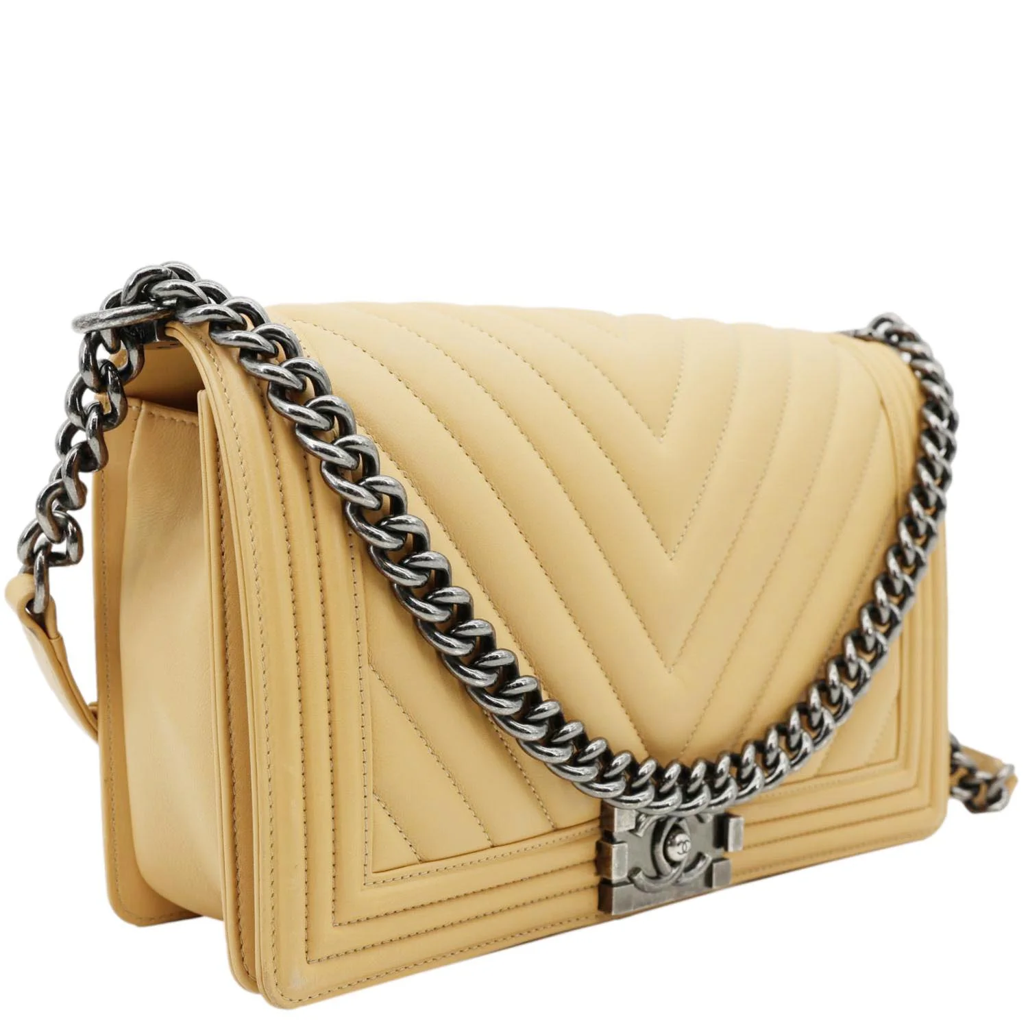 CHANEL Boy Flap Medium Chevron Calfskin Leather Chain Shoulder Bag Beige - Image 5
