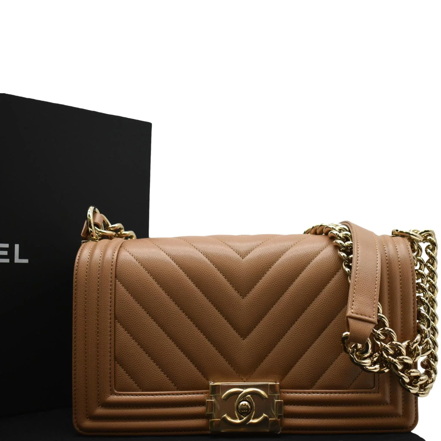 CHANEL Medium Boy Flap Chevron Caviar Leather Crossbody Bag Beige - Image 3