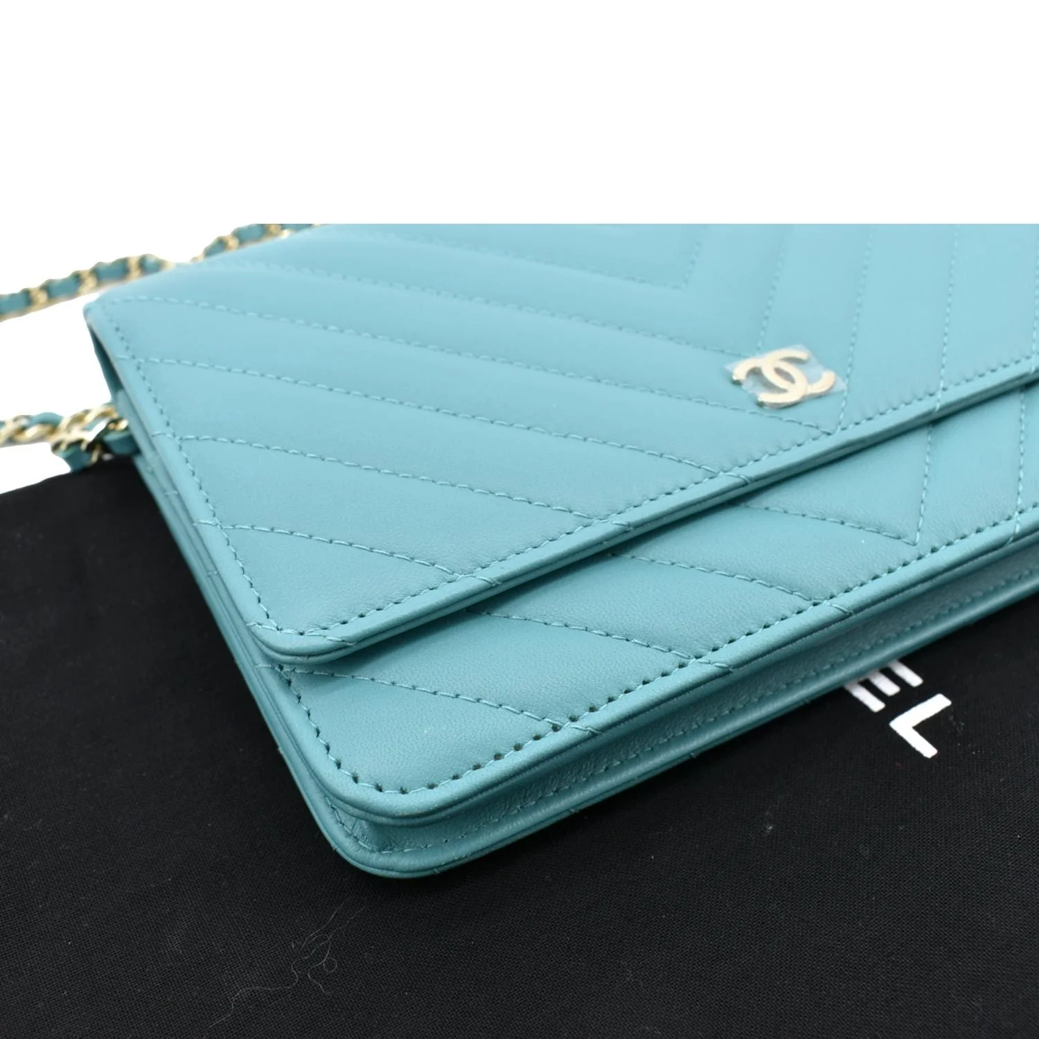 CHANEL CC WOC Chevron Leather Wallet On Chain Crossbody Bag Turquoise - Image 9