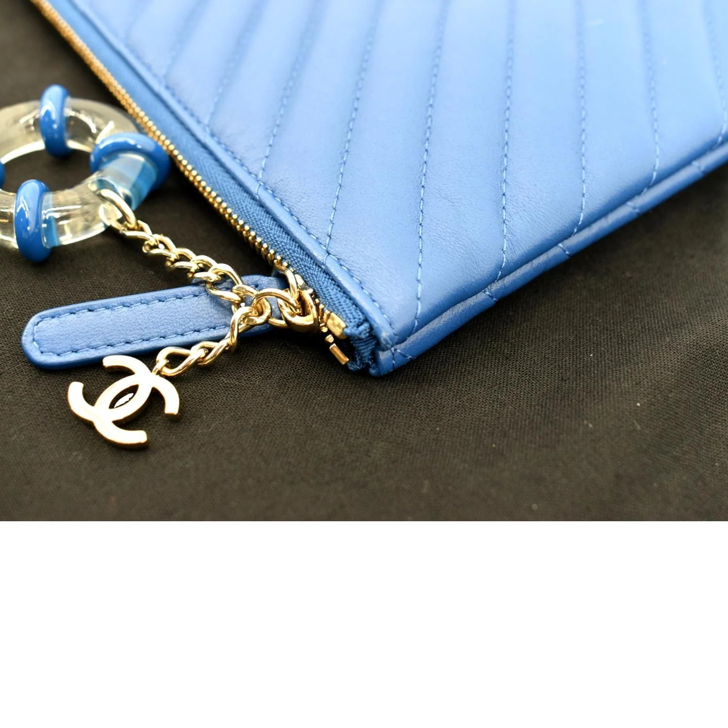CHANEL O Case Chevron Leather Clutch Bag Blue - Image 5