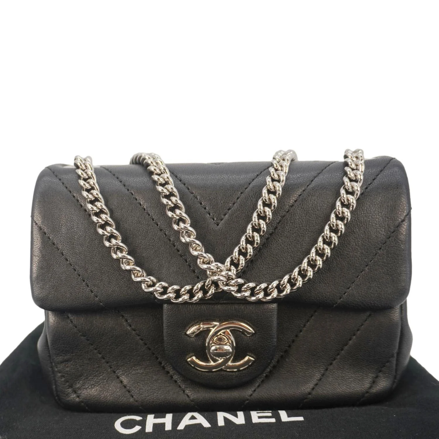 CHANEL Mini Flap Quilted Chevron Leather Crossbody Bag Black - Image 3