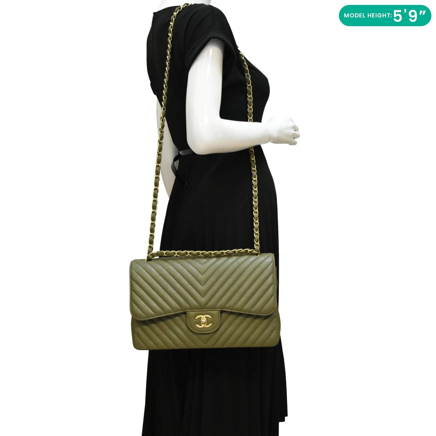 CHANEL Classic Jumbo Flap Chevron Leather Crossbody Bag Olive - Image 2