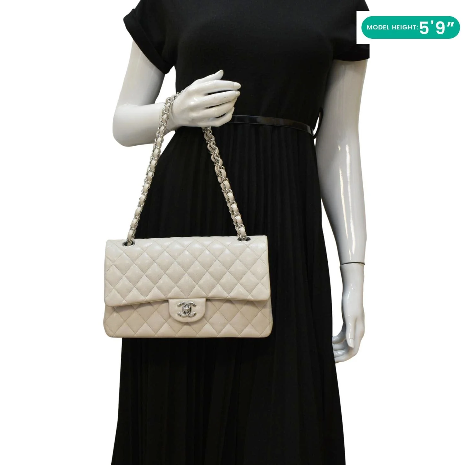 CHANEL Classic Double Flap Medium Quilted Caviar Leather Shoulder Bag White - Image 2