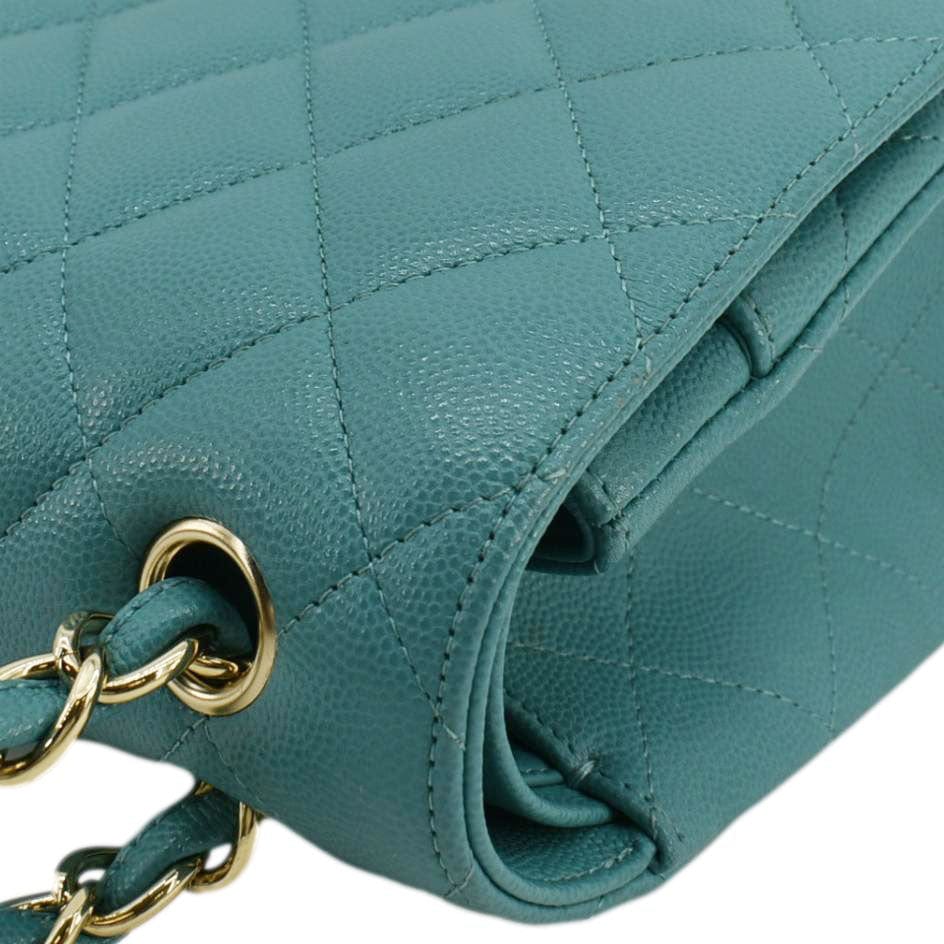 CHANEL Classic Double Flap Jumbo Quilted Caviar Leather Shoulder Bag Turquoise - Image 5