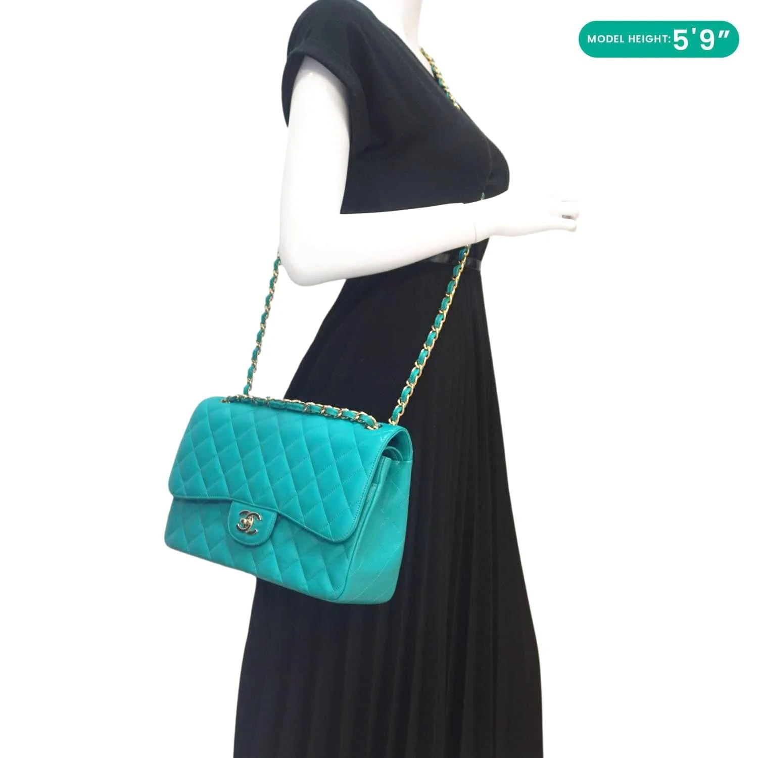 CHANEL Classic Double Flap Jumbo Quilted Caviar Leather Shoulder Bag Turquoise - Image 2