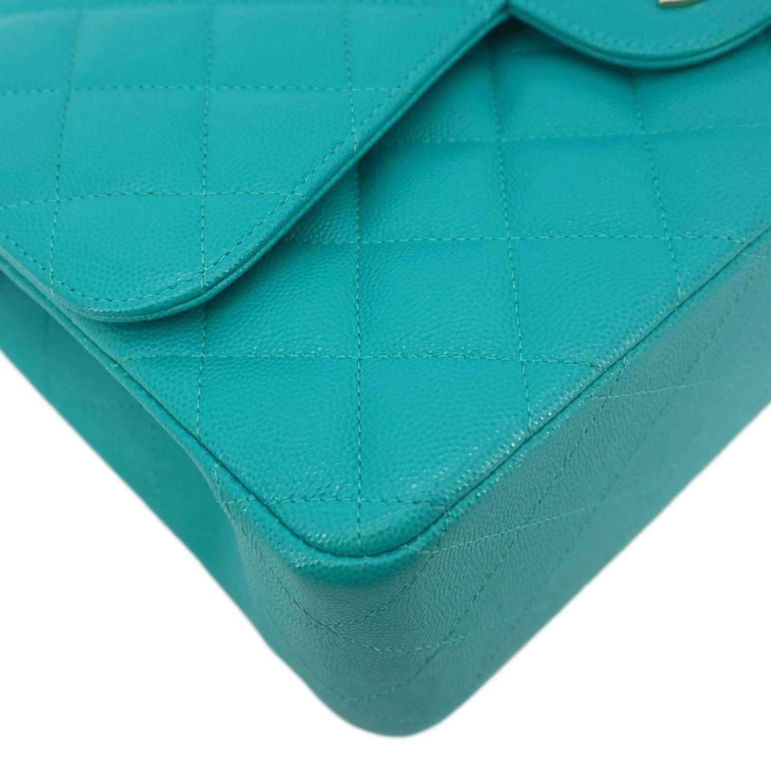 CHANEL Classic Double Flap Jumbo Quilted Caviar Leather Shoulder Bag Turquoise - Image 8