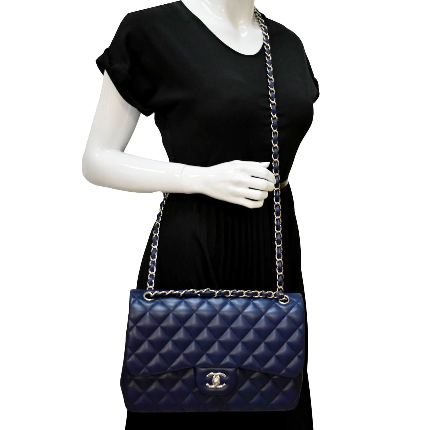 CHANEL Classic Jumbo Double Flap Quilted Caviar Leather Shoulder Bag Blue - Image 2