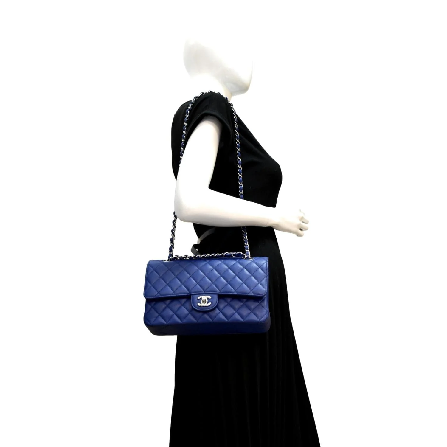 CHANEL Classic Medium Flap Quilted Caviar Leather Shoulder Bag Blue - Image 2