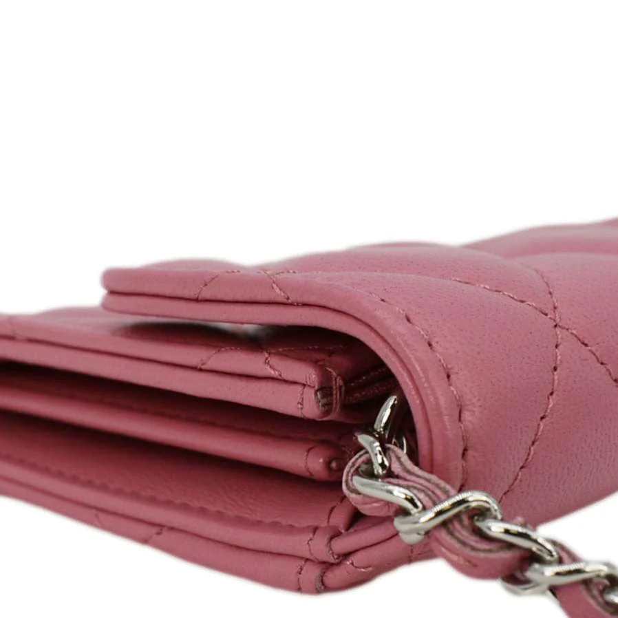 Chanel Classic Mini Flap Quilted Lambskin Leather Card Holder On Chain Pink - Image 8