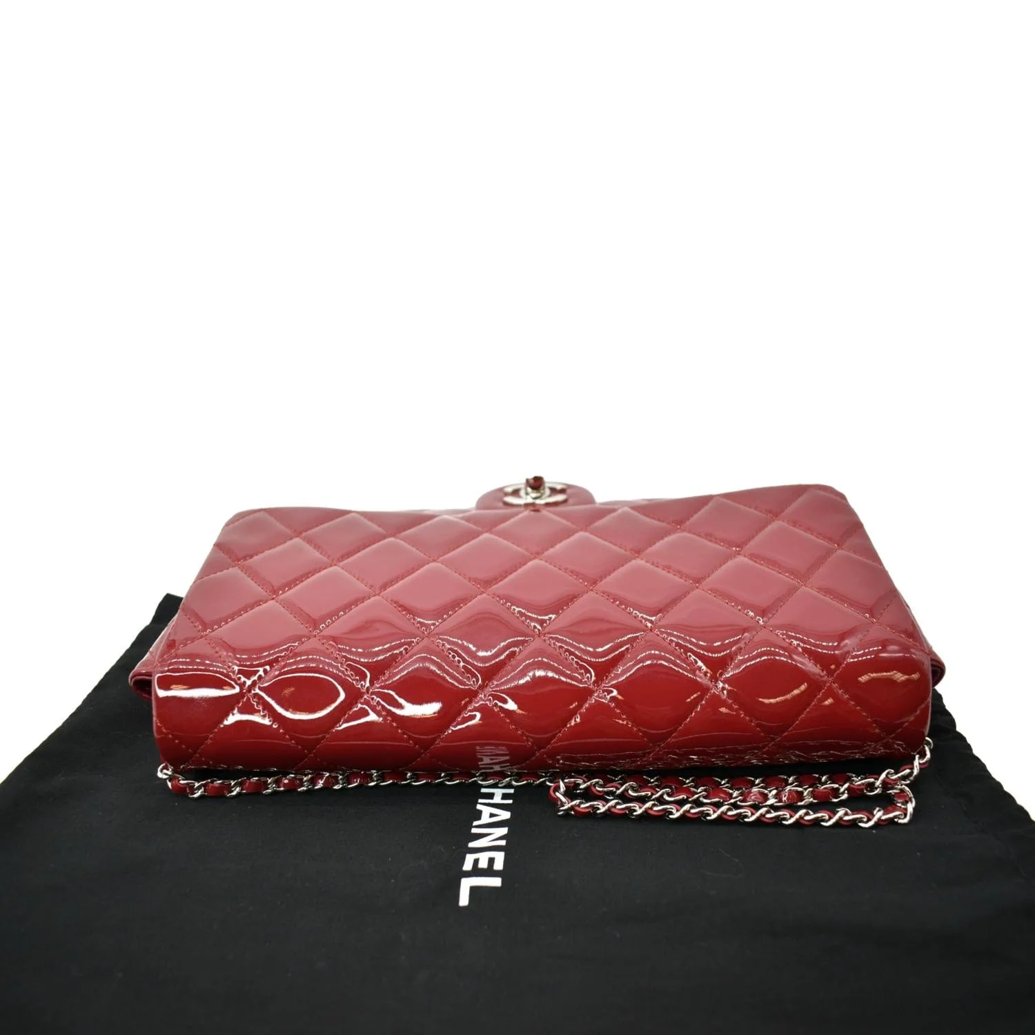 CHANEL Classic Flap Quilted Patent Leather Chain Clutch Bag Red - Image 5