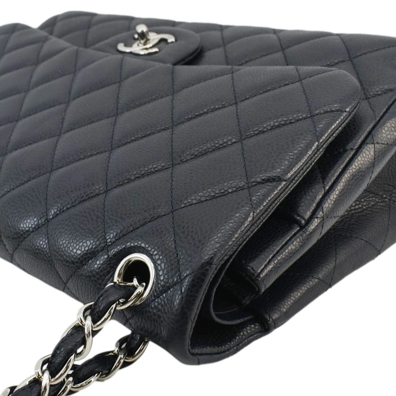 CHANEL Classic Jumbo Double Flap Quilted Caviar Leather Shoulder Bag Navy Blue - Image 6