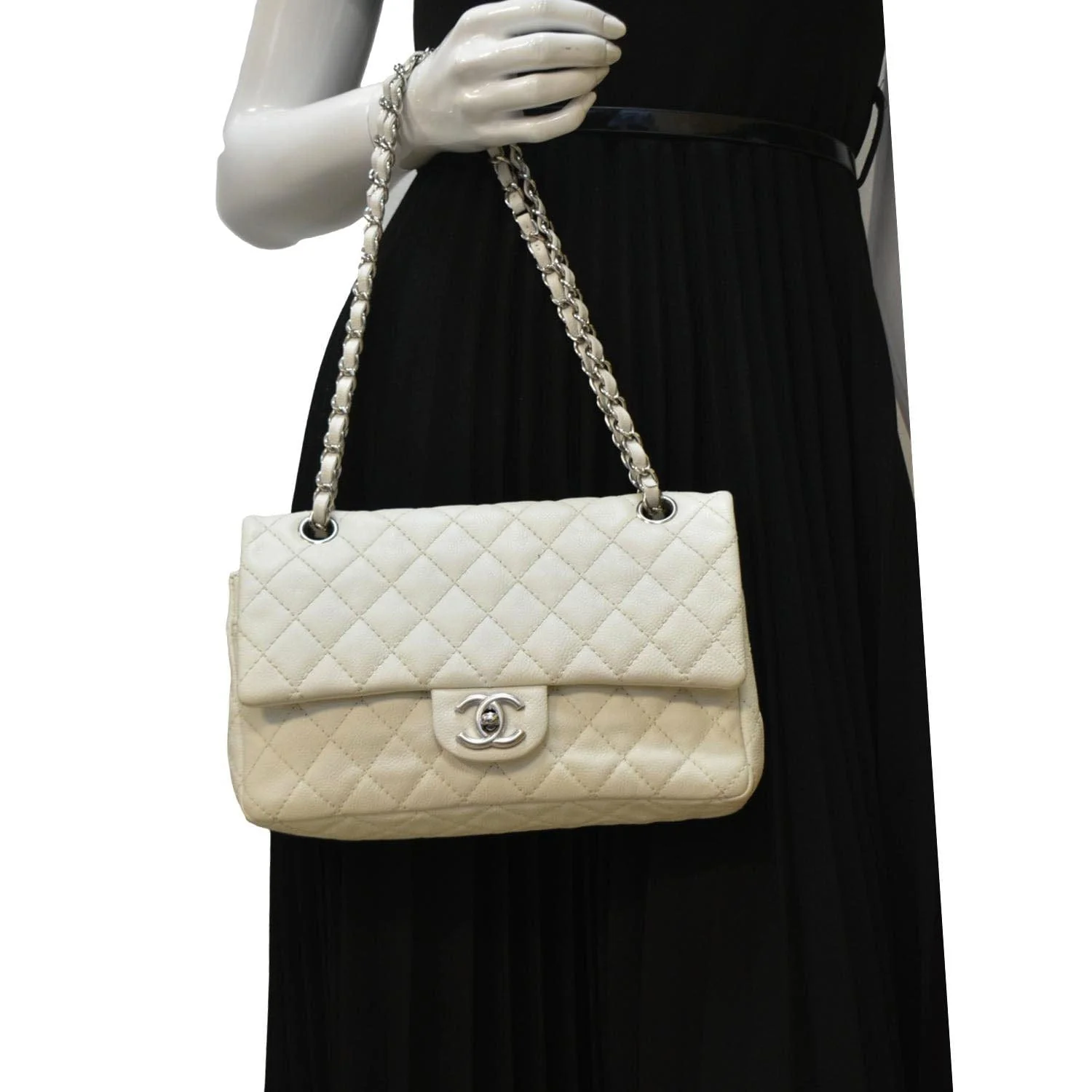 CHANEL Classic Double Flap Quilted Caviar Leather Shoulder Bag White - Image 2