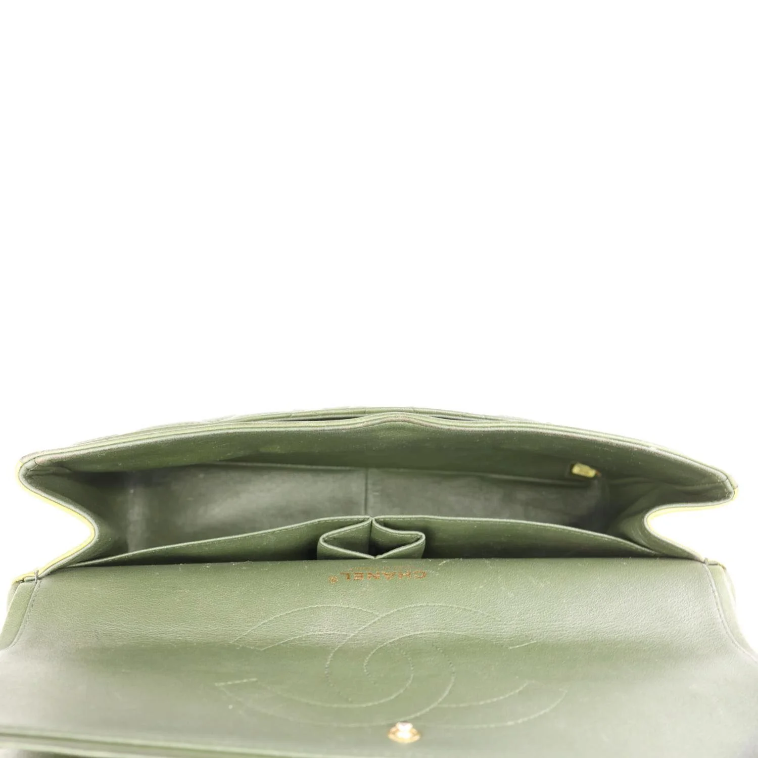 CHANEL Classic Jumbo Double Flap Quilted Lambskin Leather Shoulder Bag Green - Image 12