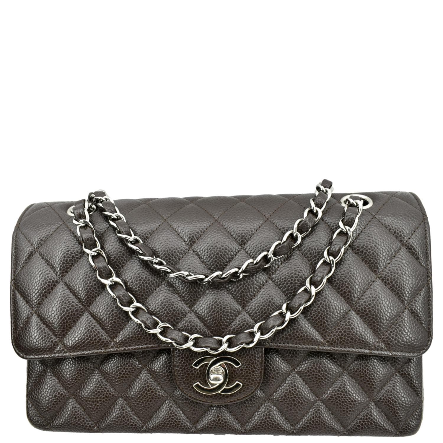 CHANEL Classic Medium Double Flap Caviar Leather Shoulder Bag Chocolate
