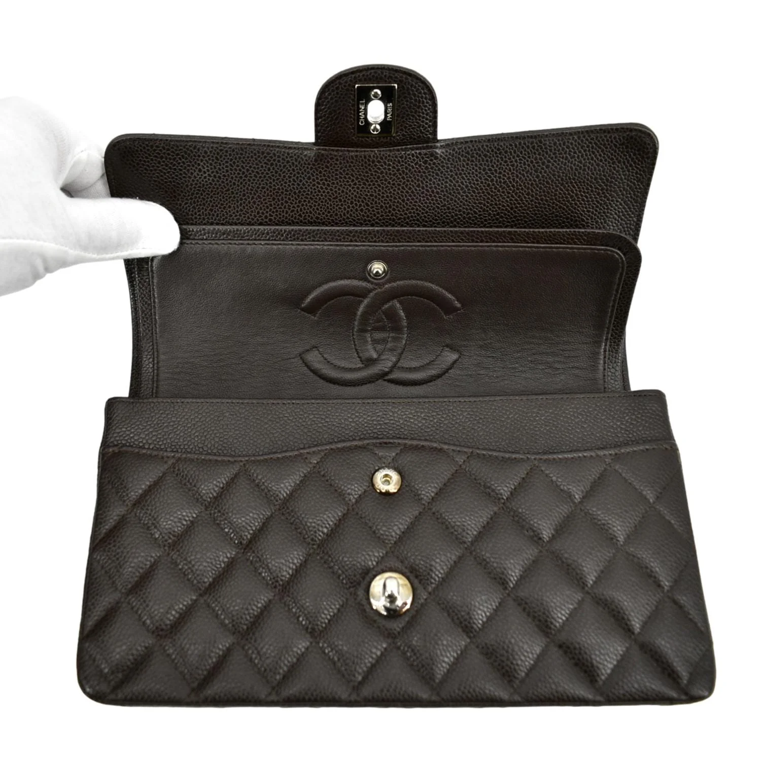 CHANEL Classic Medium Double Flap Caviar Leather Shoulder Bag Chocolate - Image 11