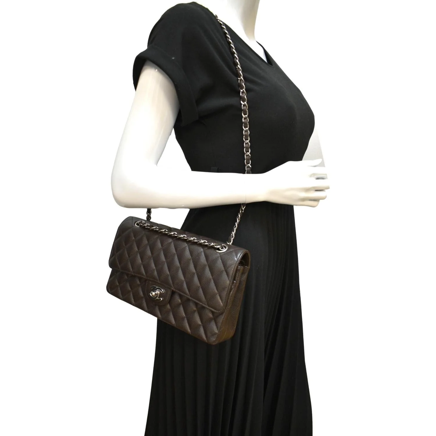 CHANEL Classic Medium Double Flap Caviar Leather Shoulder Bag Chocolate - Image 2