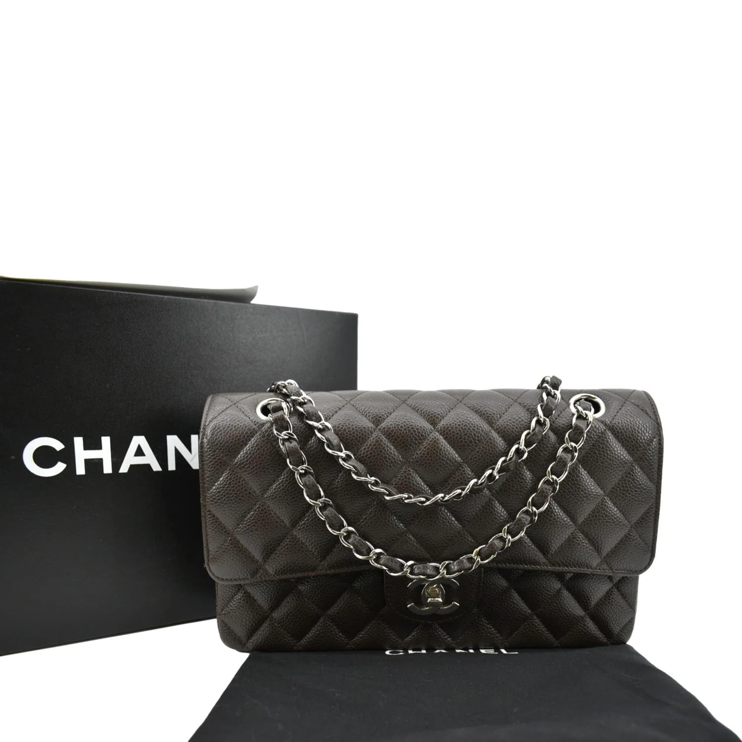 CHANEL Classic Medium Double Flap Caviar Leather Shoulder Bag Chocolate - Image 3