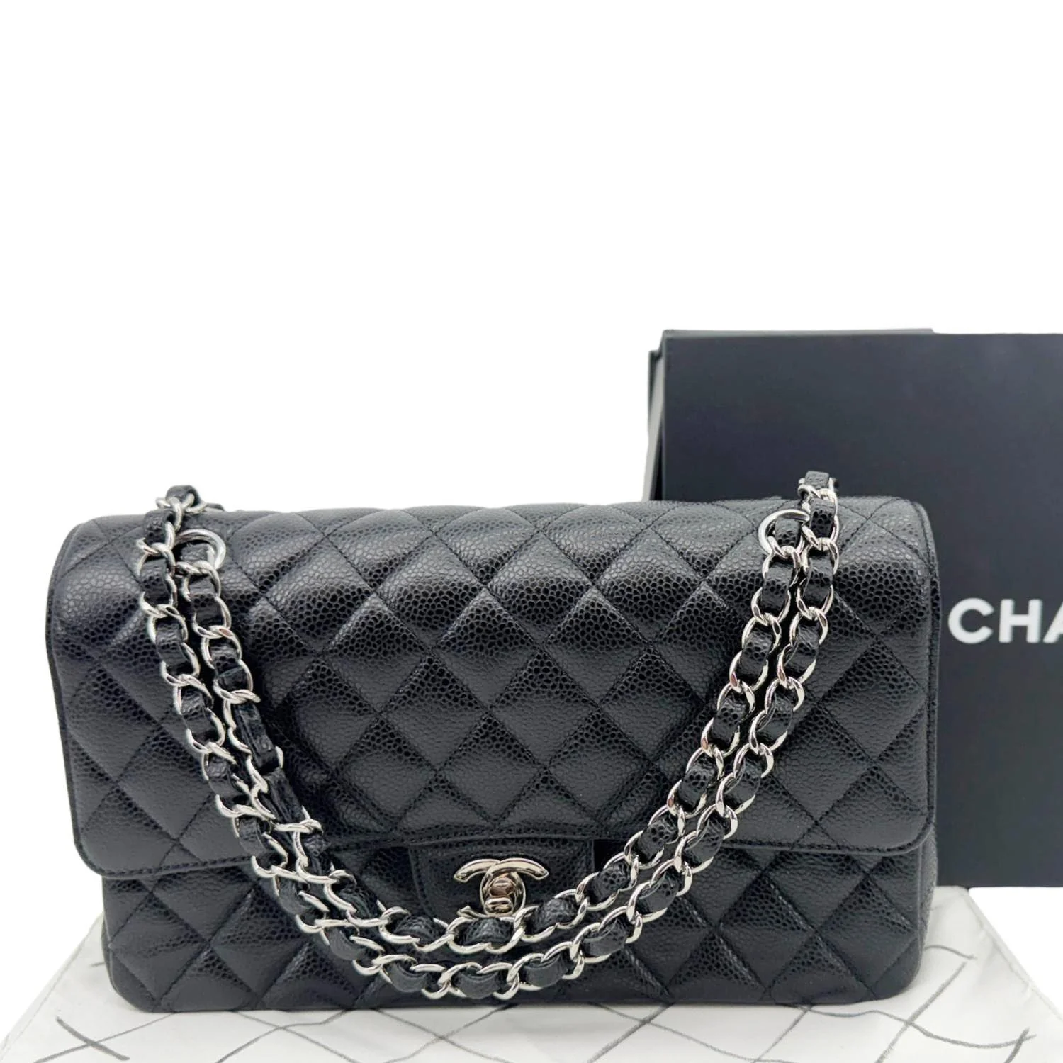 CHANEL Classic Double Flap Medium Quilted Caviar Leather Shoulder Bag Black - Image 3