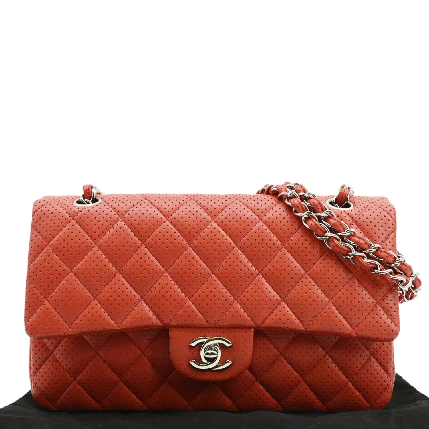 CHANEL Classic Medium Double Flap Quilted Perforated Leather Shoulder Bag Red - Image 3