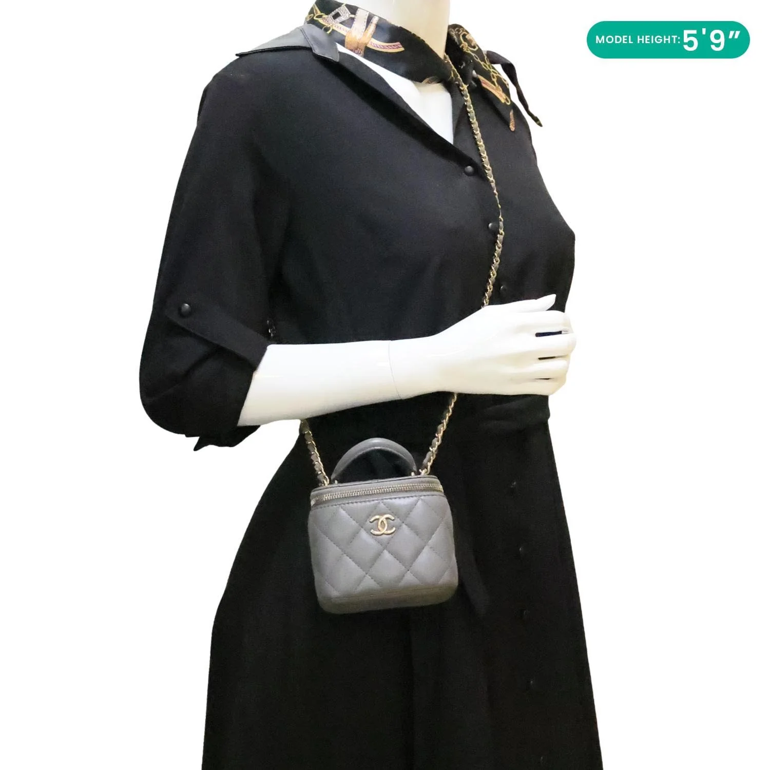 CHANEL Classic Top Handle Quilted Lambskin Leather Vanity Case Crossbody Bag Grey - Image 2