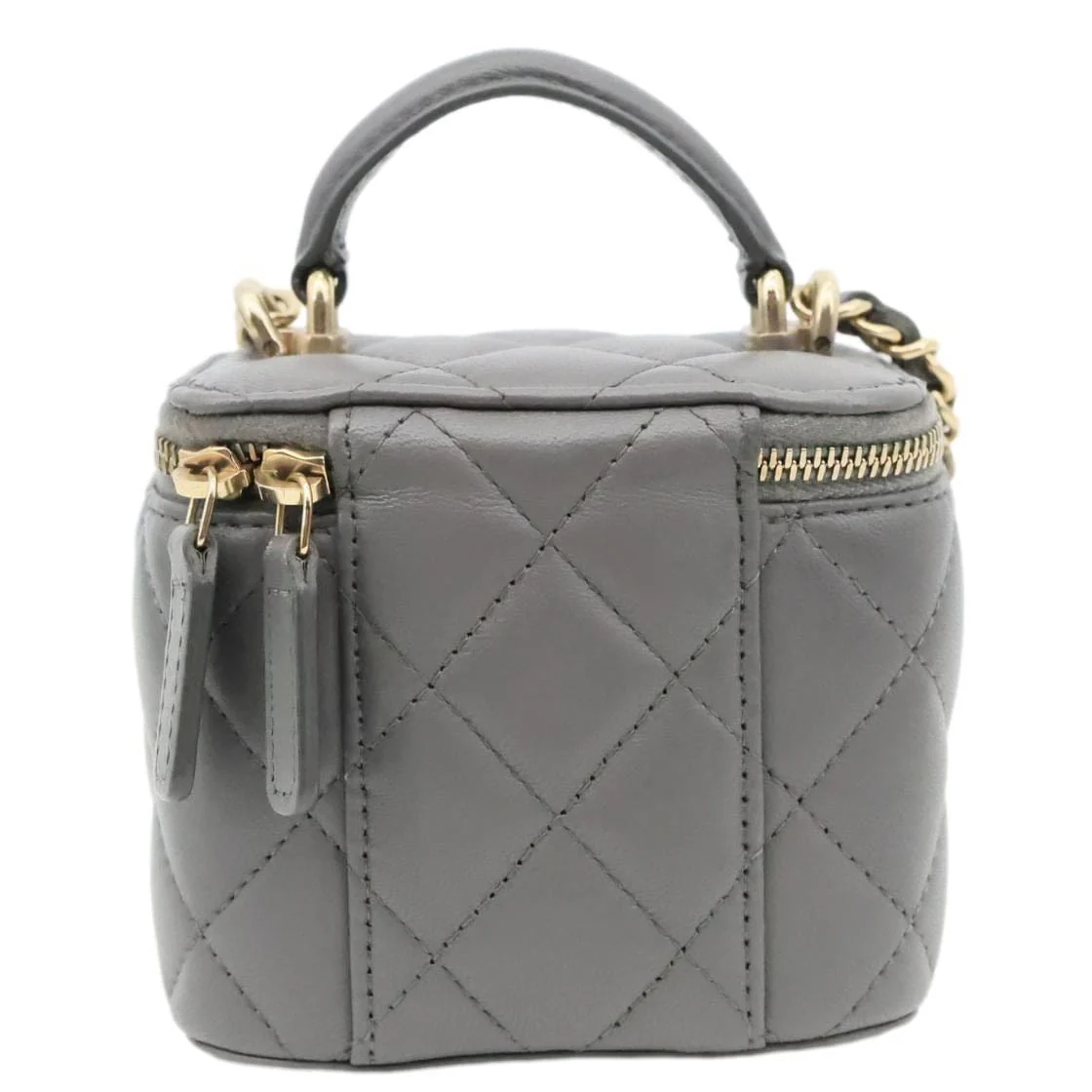 CHANEL Classic Top Handle Quilted Lambskin Leather Vanity Case Crossbody Bag Grey - Image 4