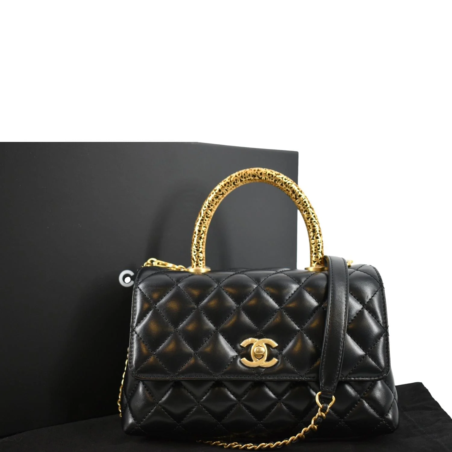CHANEL Coco Mini Top Metal Handle Lambskin Leather Shoulder Bag Black - Image 3