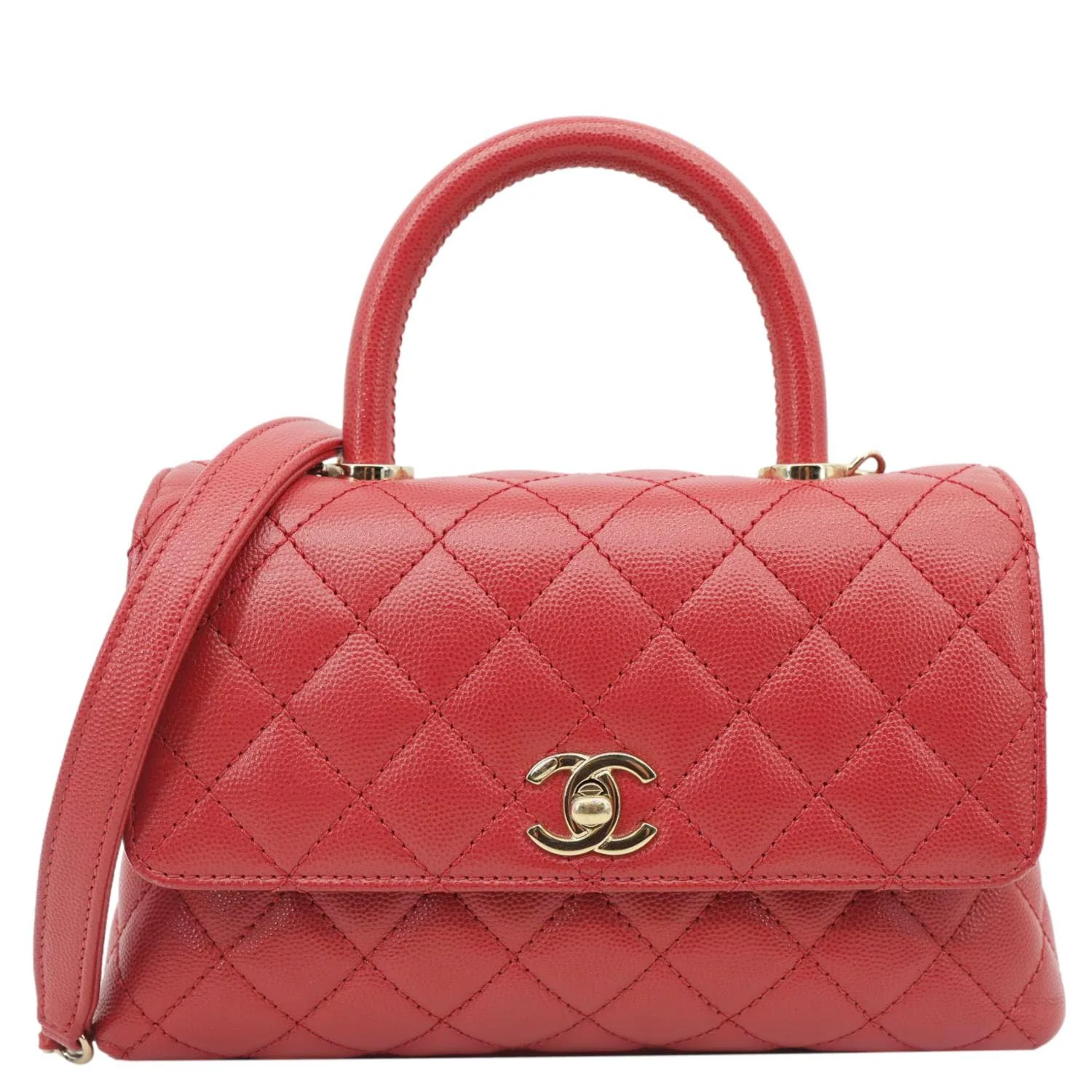 CHANEL Coco Handle Flap Mini Quilted Caviar Leather Shoulder Bag Red - Image 3