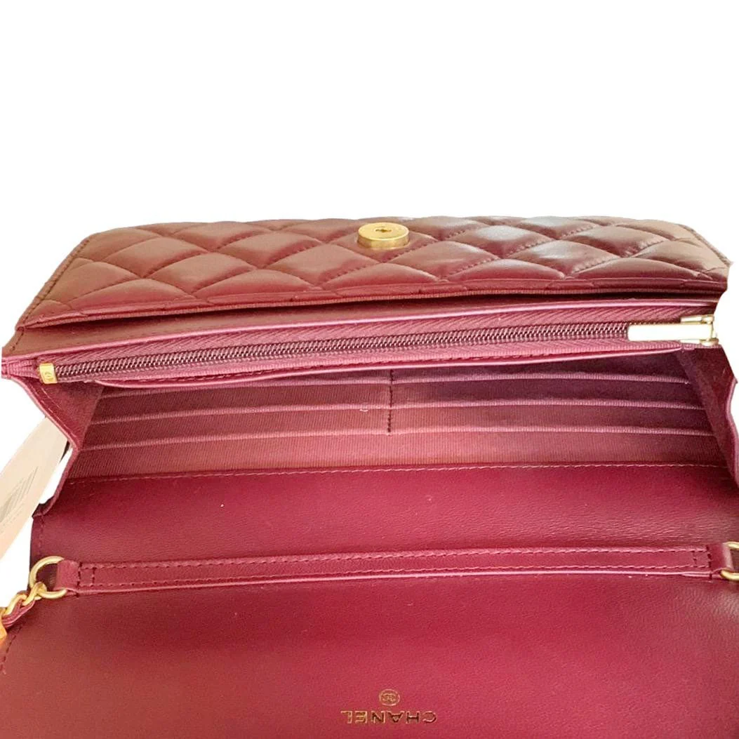 CHANEL Coco Hearts Quilted Leather Wallet On Chain WOC Burgundy - Image 11