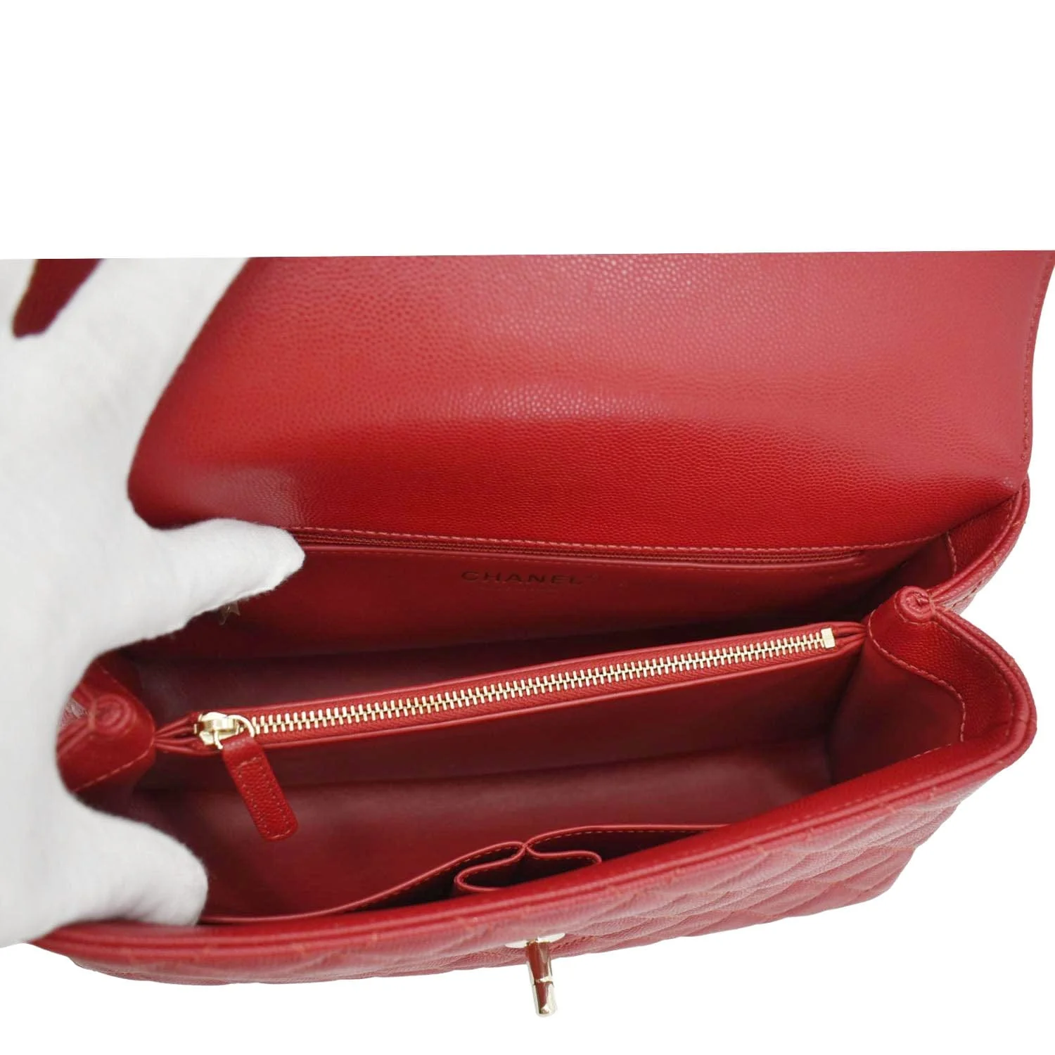 CHANEL CC Coco Caviar Leather Top Handle Flap Shoulder Bag Red - Image 11