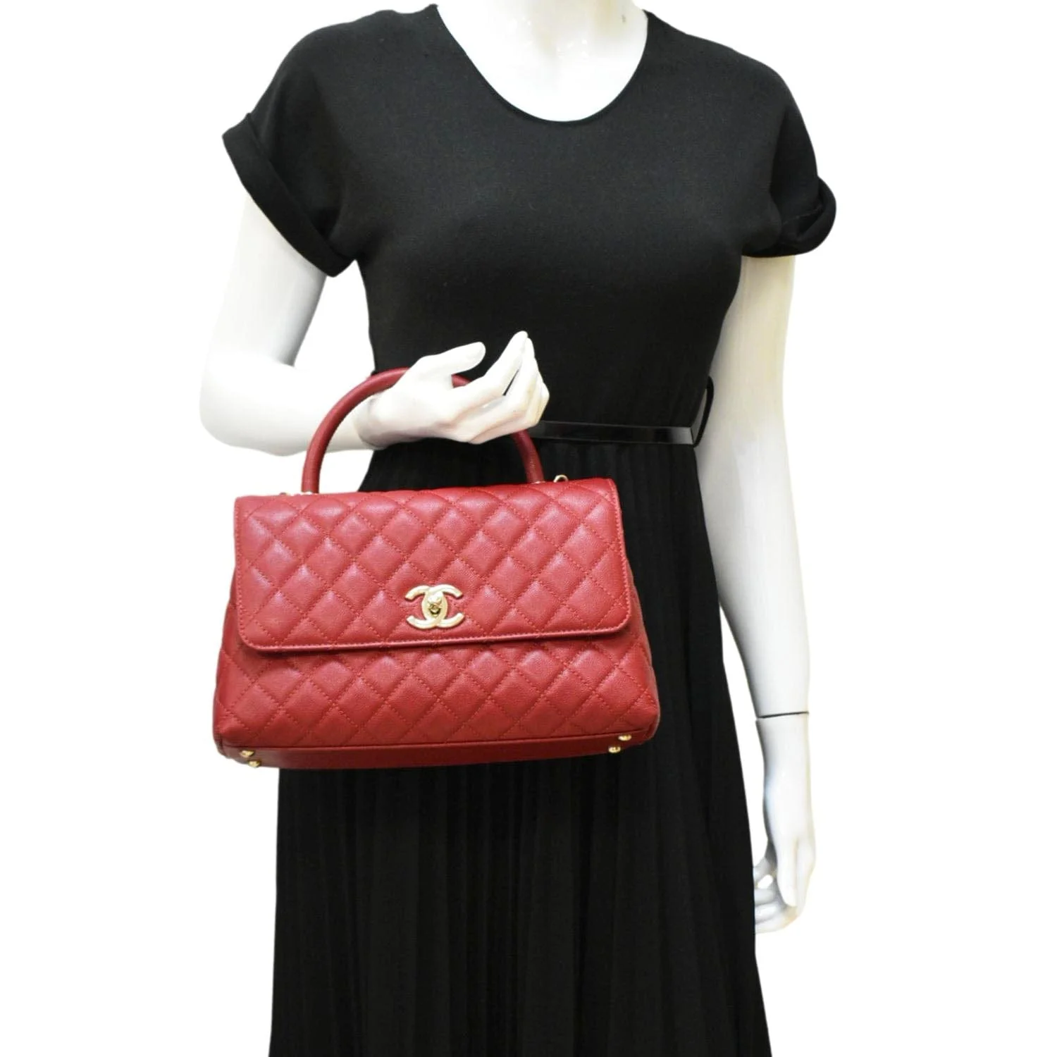 CHANEL CC Coco Caviar Leather Top Handle Flap Shoulder Bag Red - Image 2