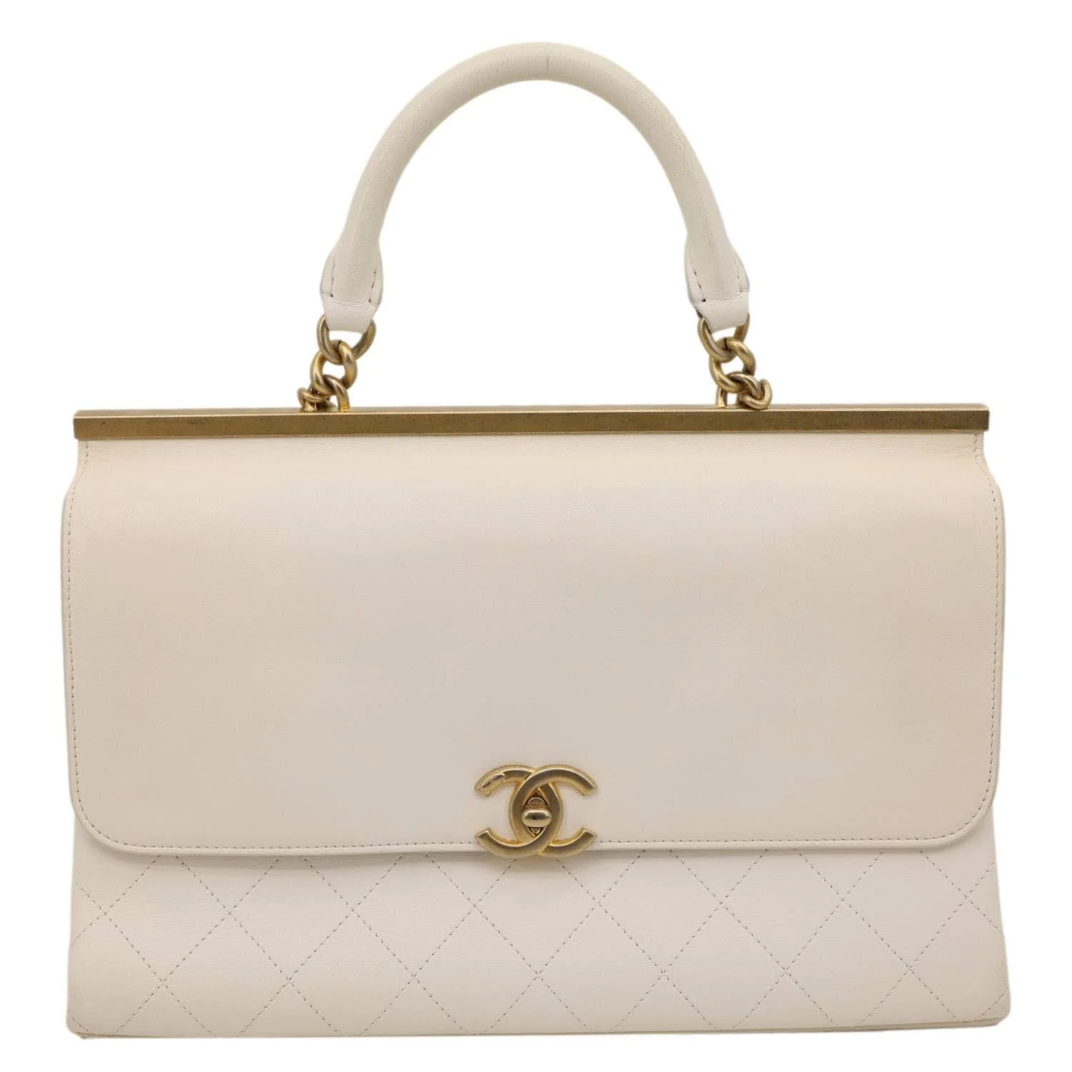 CHANEL Coco Luxe Flap Quilted Lambskin Leather Top Handle Shoulder Bag White - Image 3