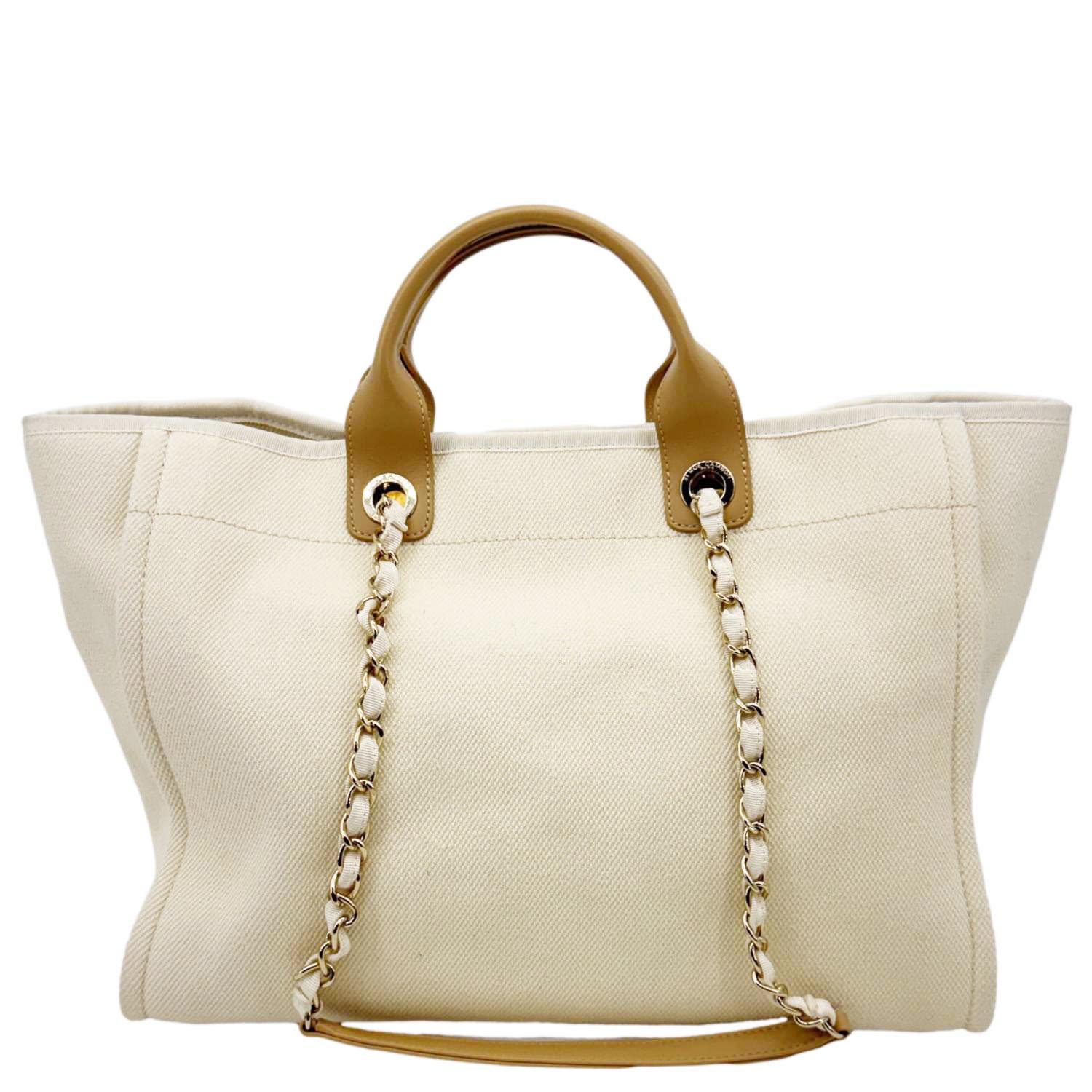 CHANEL Deauville Large Pearl Embellished Canvas Tote Bag Off White - Image 3