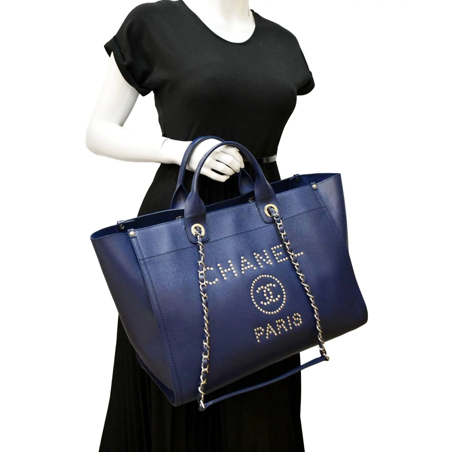 CHANEL Deauville Studded Caviar Tote Shoulder Bag Blue - Image 2