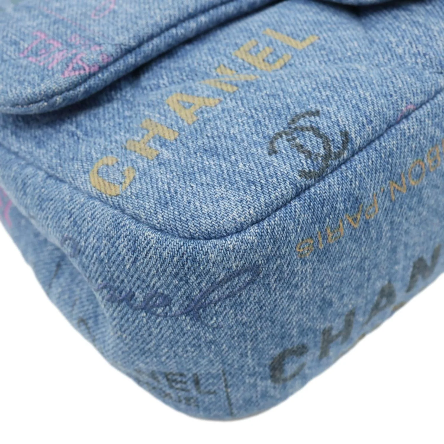 CHANEL Mood Flap Small Quilted Denim Logo Printed Shoulder Bag Blue - Image 8