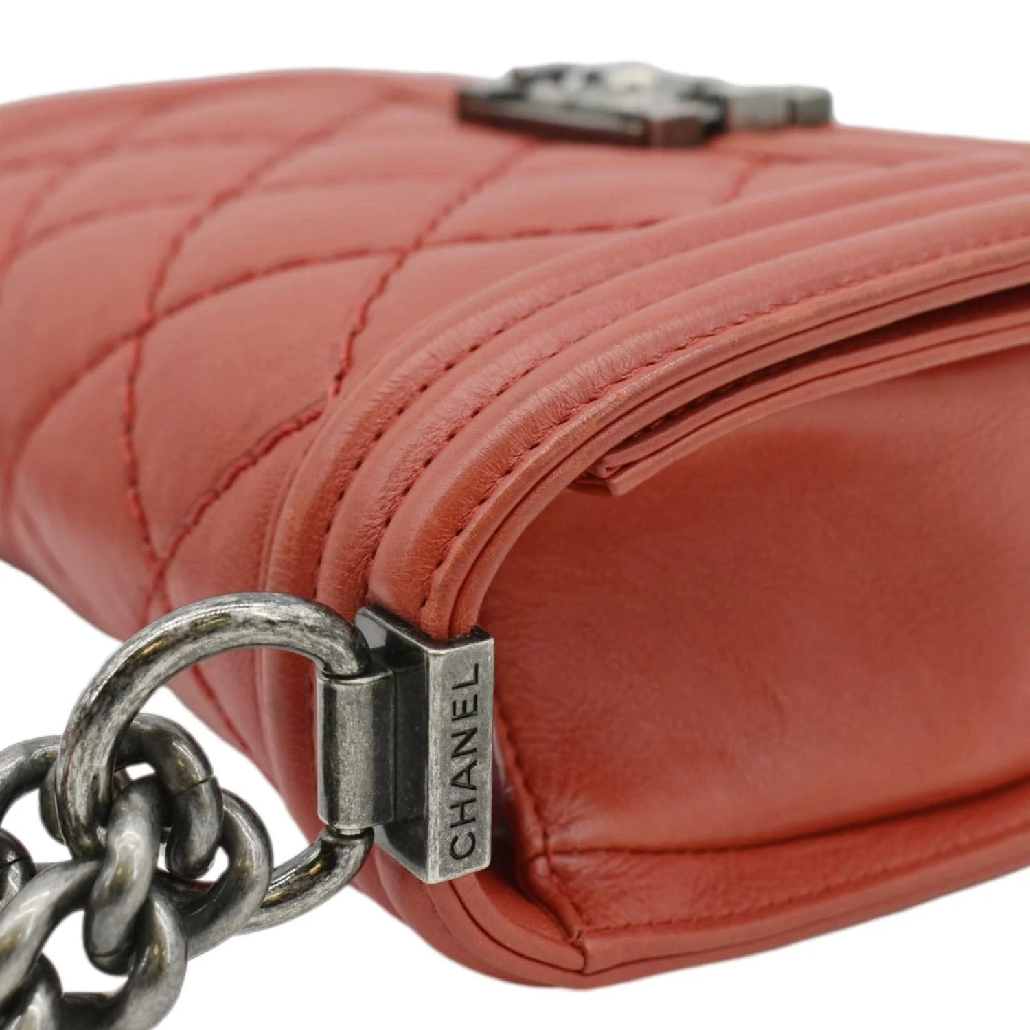 CHANEL Double Stitch Small Boy Flap Quilted Leather Shoulder Bag Red - Image 6