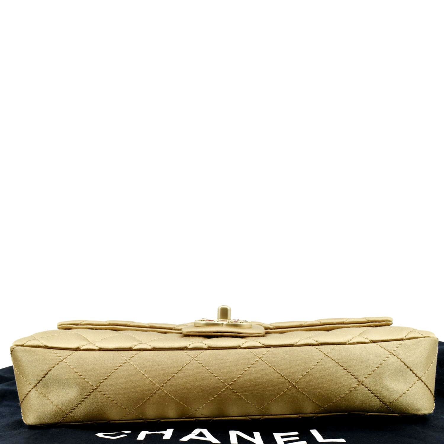 CHANEL East West Satin Single Flap Shoulder Bag Gold - Image 10