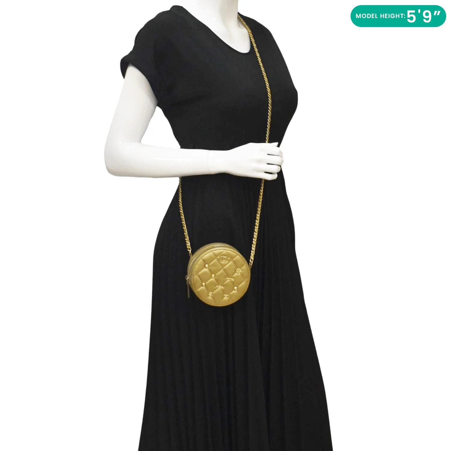 CHANEL Egyptian Amulet Round Quilted Metallic Lambskin Chain Clutch Crossbody Bag Gold - Image 2