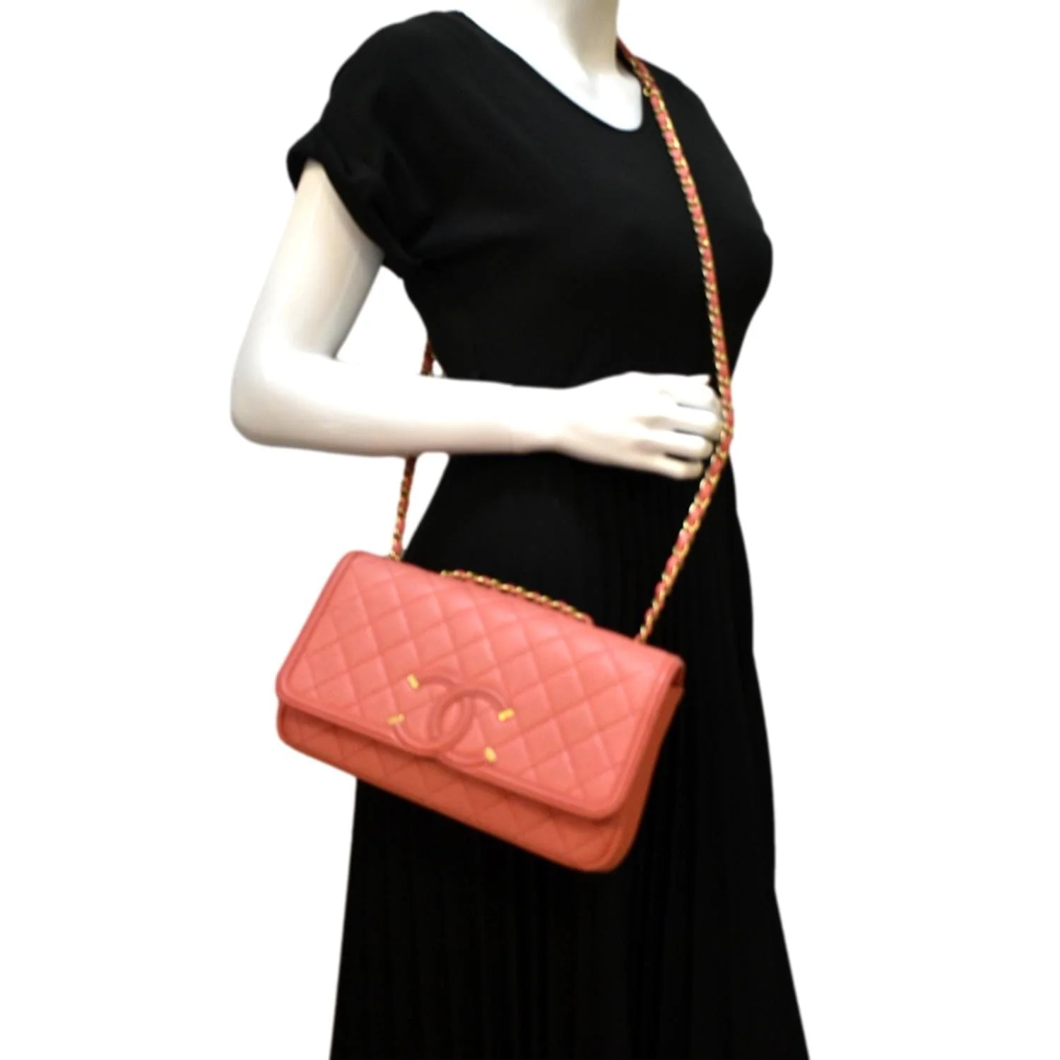CHANEL CC Filigree Medium Flap Caviar Leather Crossbody Bag Pink - Image 2