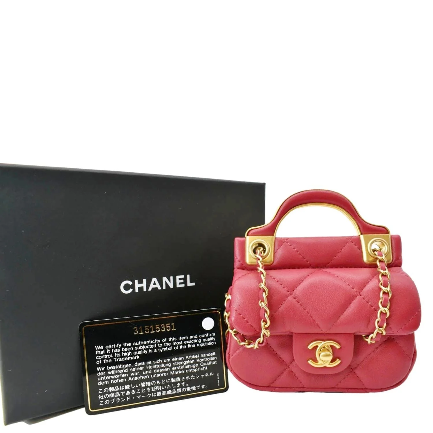 CHANEL Women Top Handle Flap Card Holder Quilted Leather Chain Shoulder Bag Red - Image 3