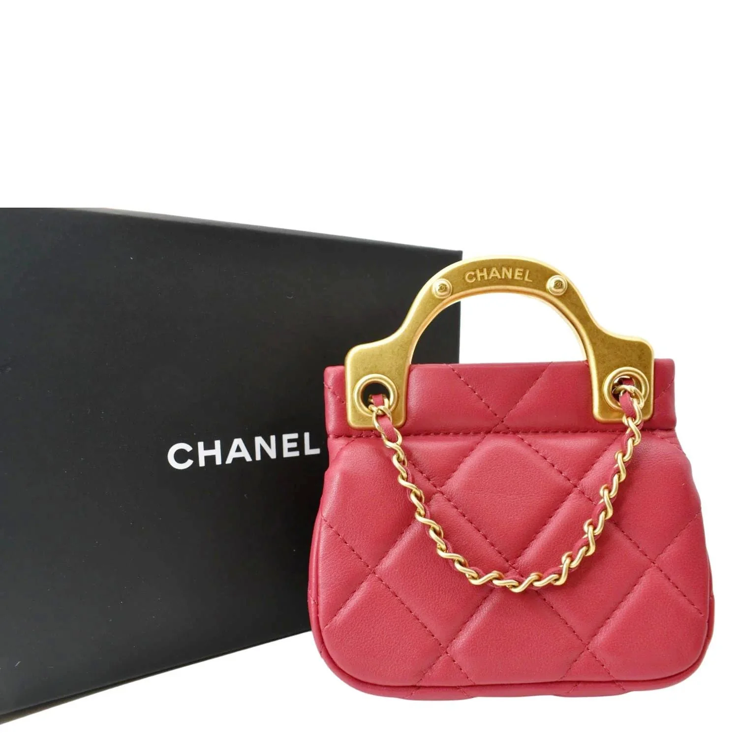 CHANEL Women Top Handle Flap Card Holder Quilted Leather Chain Shoulder Bag Red - Image 4