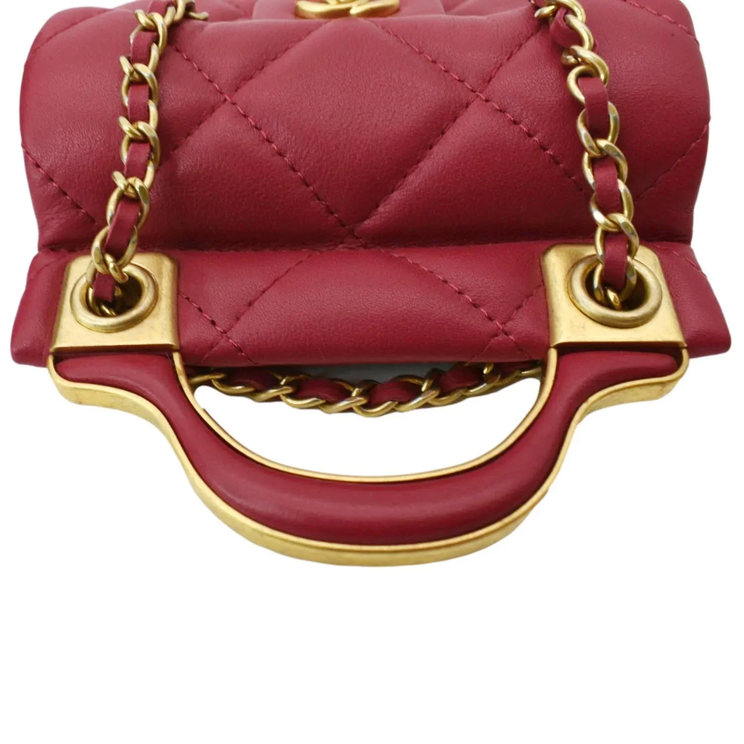 CHANEL Women Top Handle Flap Card Holder Quilted Leather Chain Shoulder Bag Red - Image 5