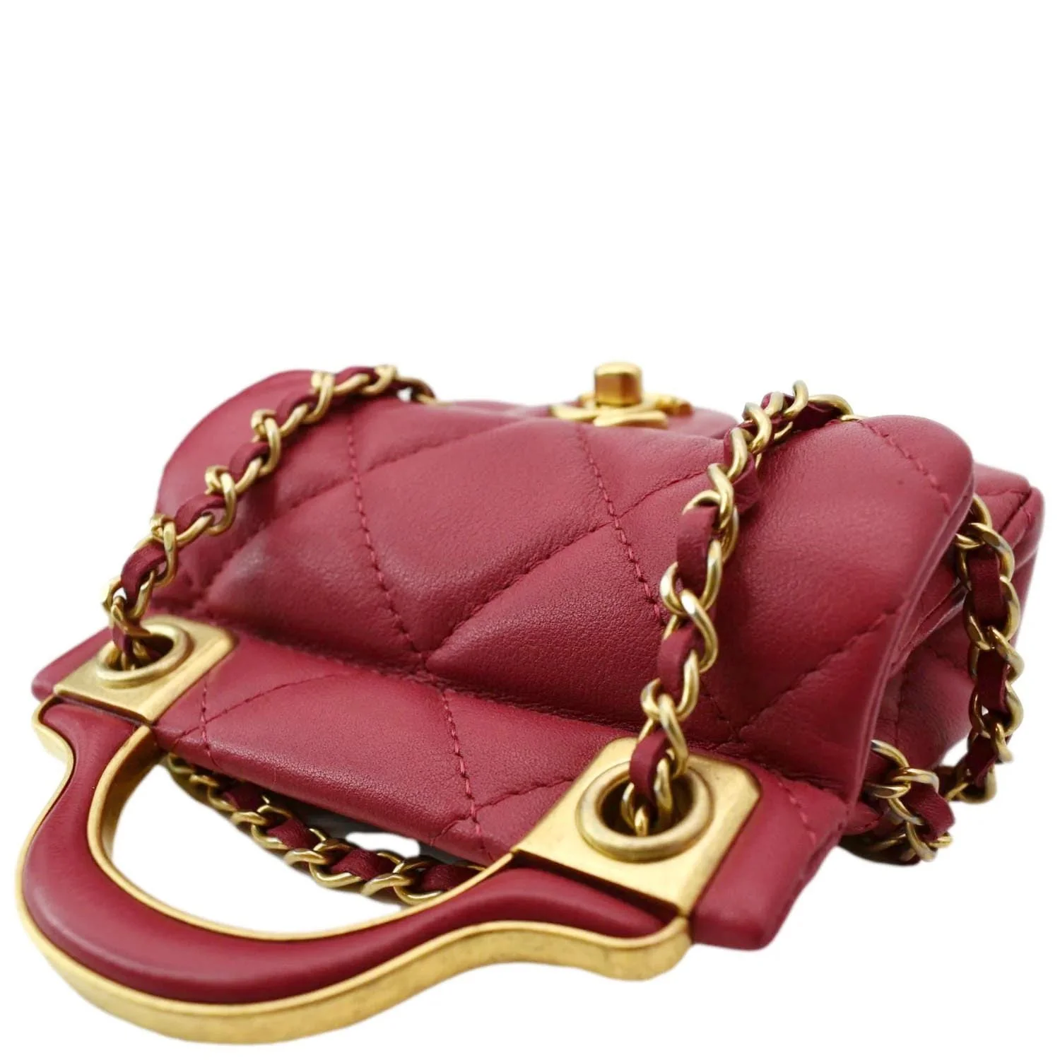 CHANEL Women Top Handle Flap Card Holder Quilted Leather Chain Shoulder Bag Red - Image 6