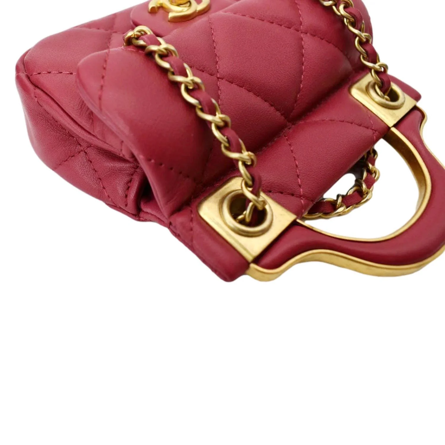 CHANEL Women Top Handle Flap Card Holder Quilted Leather Chain Shoulder Bag Red - Image 7