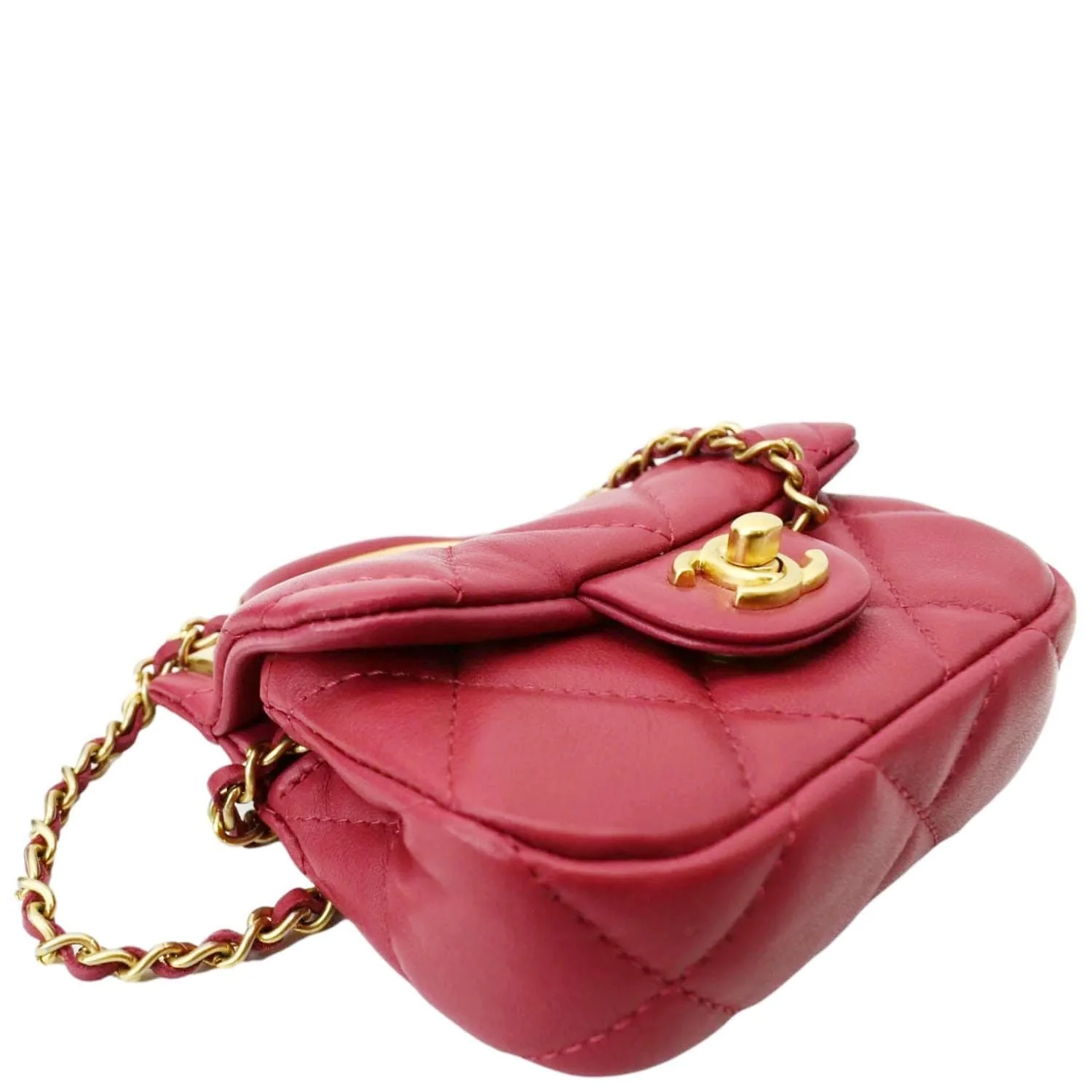 CHANEL Women Top Handle Flap Card Holder Quilted Leather Chain Shoulder Bag Red - Image 9