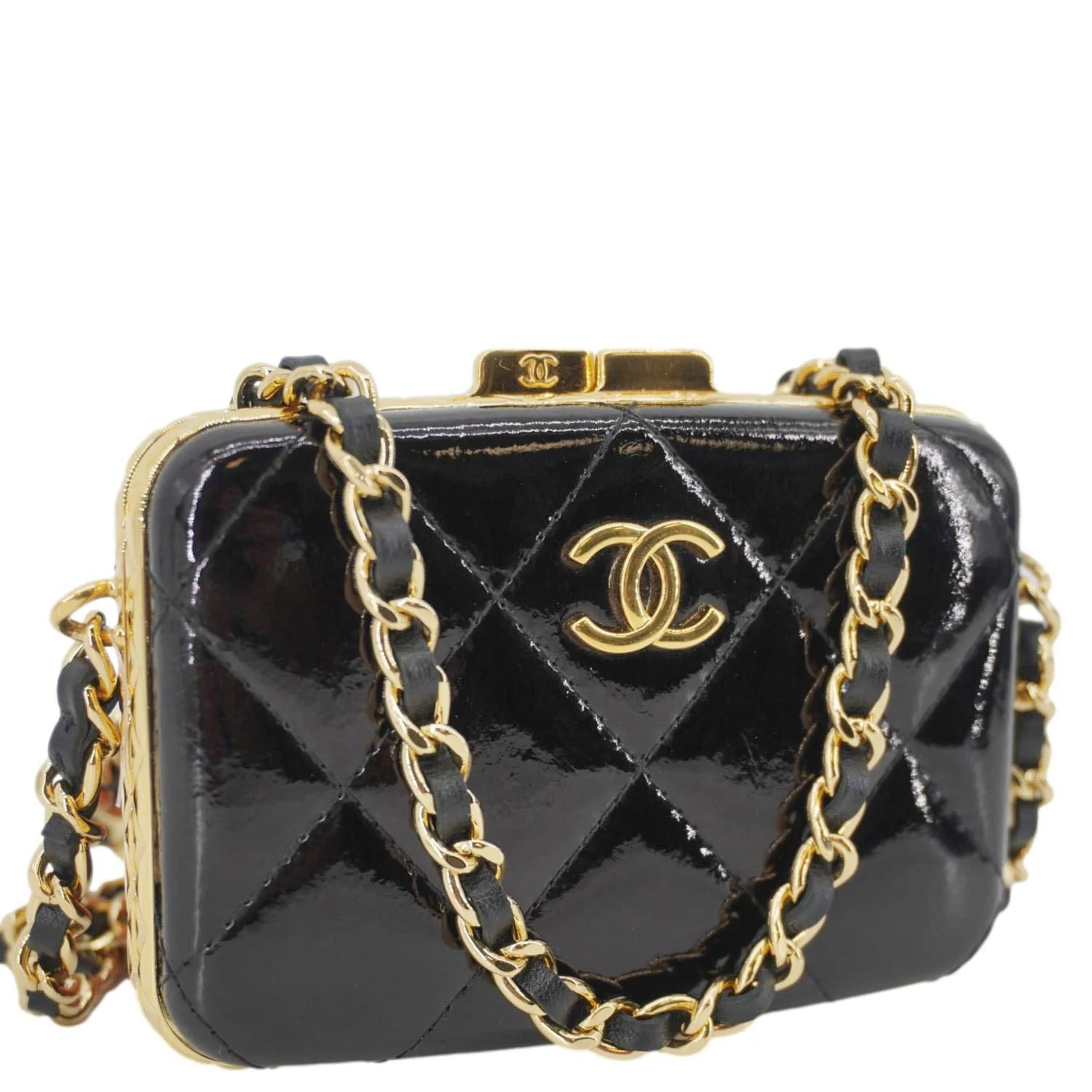 CHANEL Framed Box Mini Quilted Patent Leather Chain Clutch Bag Black - Image 6