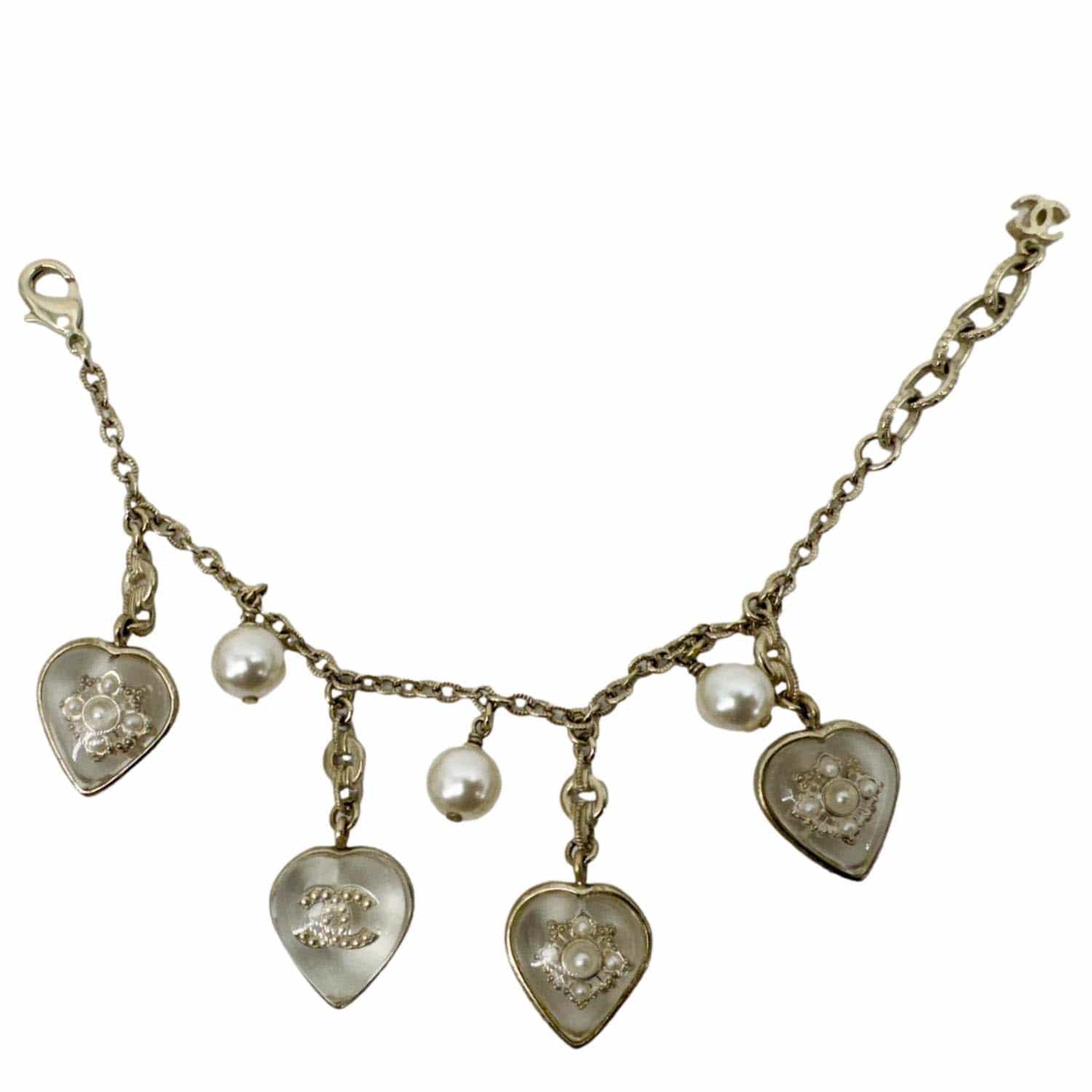 CHANEL Crystal Pearl Heart CC Charm Bracelet Off White - Image 4