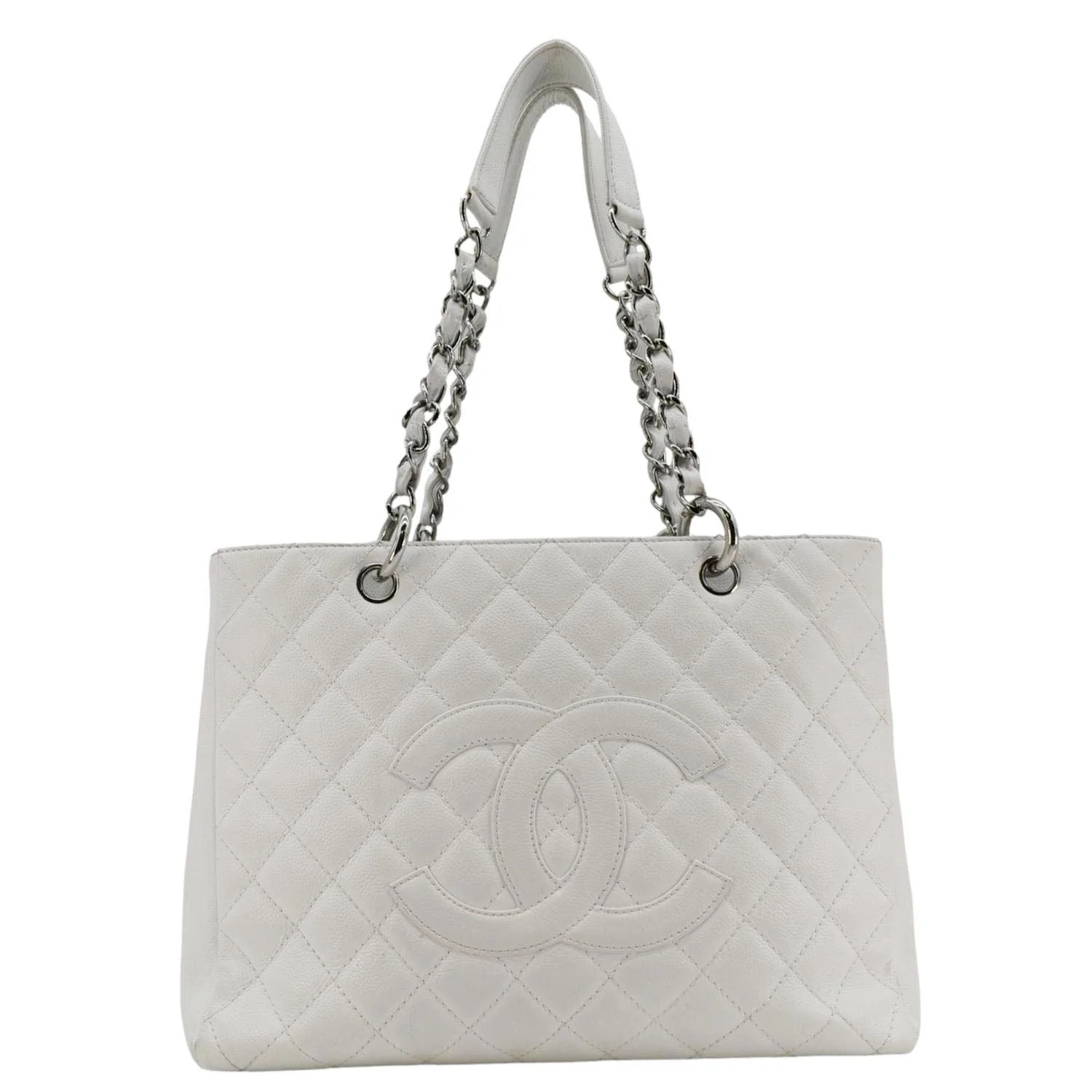 CHANEL Grand Shopping Quilted Caviar Leather GST Tote Bag White