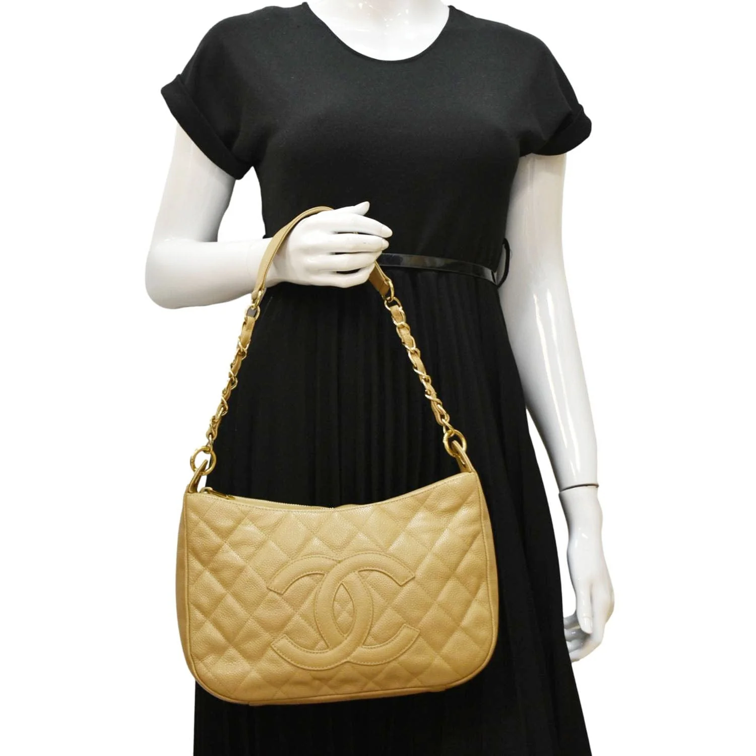 CHANEL Vintage Half Moon Quilted Caviar Leather Hobo Bag Dark Beige - Image 2